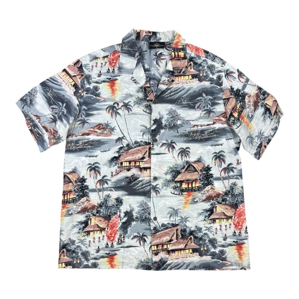 Royal Creations Men XL Hawaiian Shirt Scenic Island Print Grey Cotton Made in HI